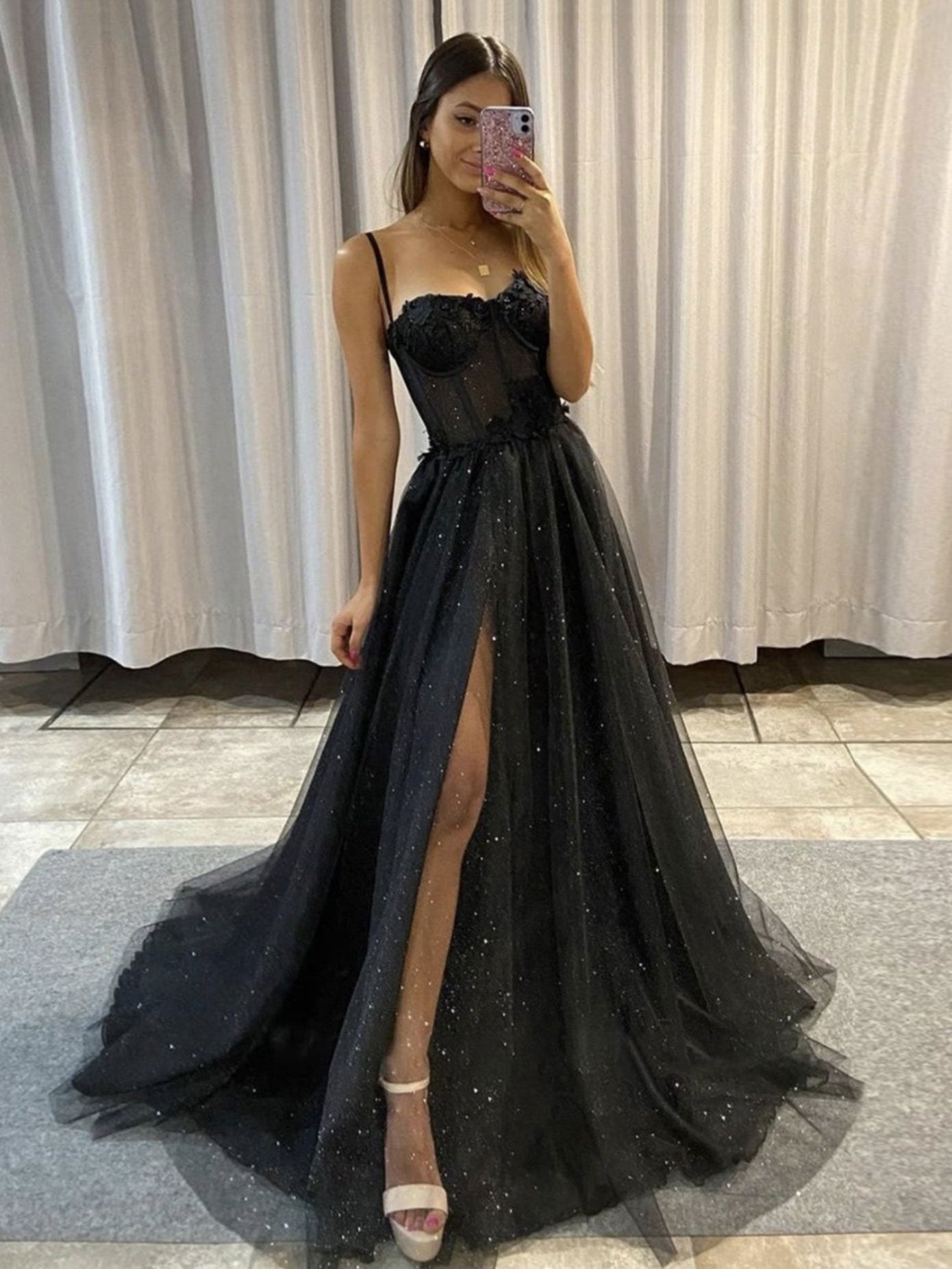 Black sweetheart neck tulle lace long ...